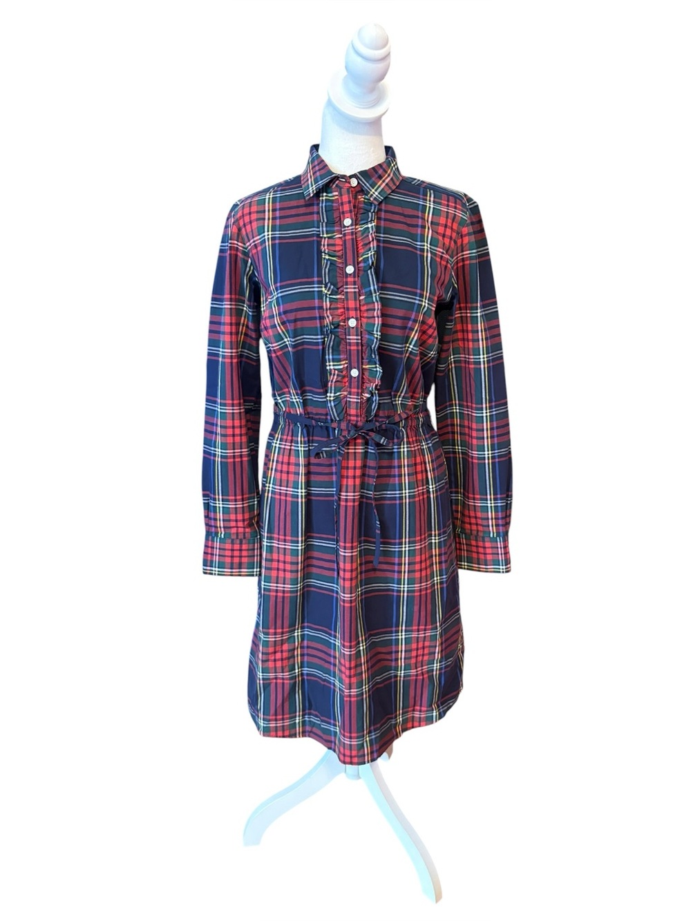 Brooks Brothers Plaid Shirt Dress Womens Size 4 Red Navy Green Ruffle Button Up
